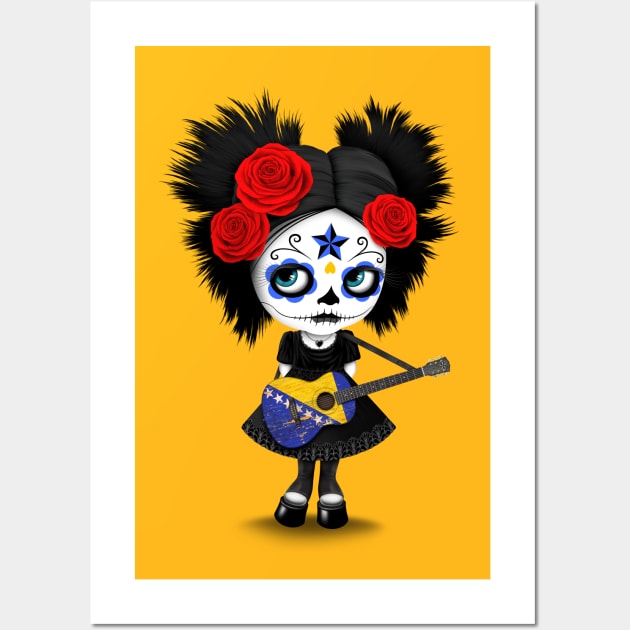 Sugar Skull Girl Playing Bosnian Flag Guitar Wall Art by jeffbartels